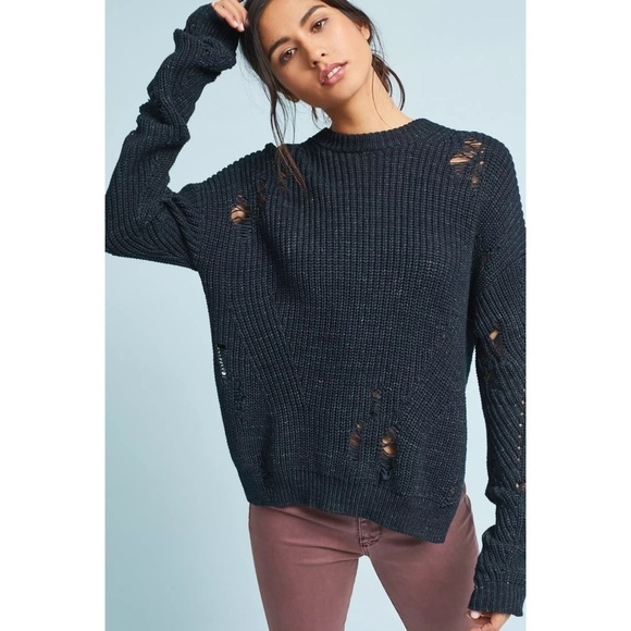 AG Finn Ribbed Pullover Crewneck Tattered Knit Sweater Blue S - Picture 1 of 11